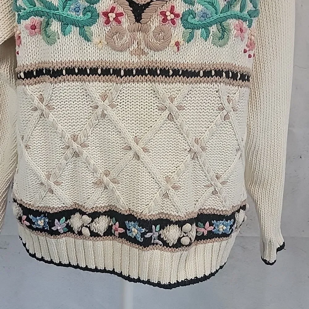 Beldoch Popper Vintage Floral Heart Heavy Knit Cream Sweater Womens Size M